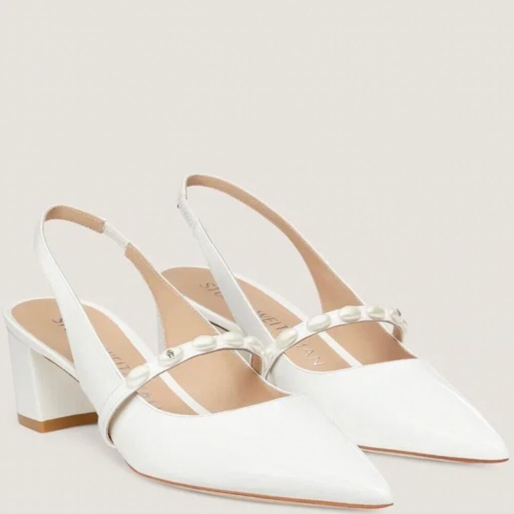 Stuart Weitzman White Pointed Slingback Heels with Pearl-Trim Strap